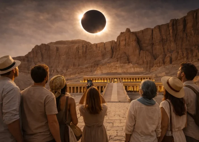 solar-eclipse-crowns-the-cliffs-above-the-temple-of-queen-hatshepsut-as-travelers-stand-in-awe-along-the-ceremonial-causeway