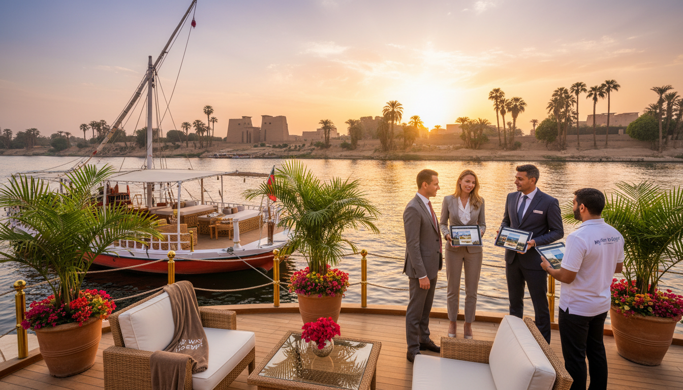 A beautifully arranged scene showcasing private Nile cruise booking options, featured prominently in the foreground is a luxurious boat with elegant deck furniture and tropical plants. In the middle ground, diverse tourists in professional business attire discuss exclusive offers with a knowledgeable guide from "My Way to Egypt", while digital tablets display enticing cruise itineraries to Luxor and Aswan. The background features the stunning Nile River, shimmering under soft, golden sunset lighting that paints the sky in pastel hues. Framed by ancient temples and palm trees, the atmosphere is calm and inviting, evoking a sense of adventure and relaxation. The image should be captured from a slightly elevated angle to encompass both the vibrant interactions and the majestic river landscape.
