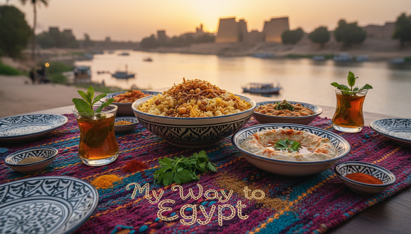 A beautifully arranged table showcasing Luxor's local cuisine, featuring vibrant dishes such as koshari, ful medames, and fresh baba ghanoush. In the foreground, a colorful woven tablecloth adds texture, surrounded by small plates and glasses of mint tea. The middle layer captures a rich depiction of the food, with herbs and spices artfully sprinkled around the dishes, emphasizing the freshness of the ingredients. In the background, a soft-focus image of the Nile River at sunset casts a warm golden light, enhancing the overall ambiance. Use a wide-angle lens to create a cozy, inviting atmosphere that makes viewers feel as if they're experiencing Luxor's culinary delights. Add the brand name "My Way to Egypt" subtly in the composition without text or overlays.