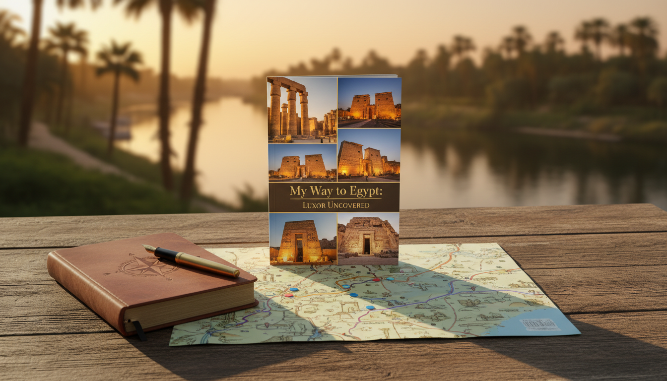 A beautifully arranged travel guide for a Luxor itinerary, laying on a wooden table. The guide features vibrant images of Luxor's iconic East Bank and West Bank attractions such as the Karnak Temple, Luxor Temple, and the Valley of the Kings. In the foreground, a stylish leather notebook and a pen rest beside the guide, symbolizing planning and crafting ideas. In the middle, a detailed map of Luxor is spread open, highlighted with colorful markers indicating points of interest. The background includes lush palm trees and the Nile River under a golden sunset, casting warm light that enhances the inviting atmosphere. The mood is one of excitement and anticipation, reflecting the essence of travel planning. The scene should evoke a sense of adventure, perfect for "My Way to Egypt".