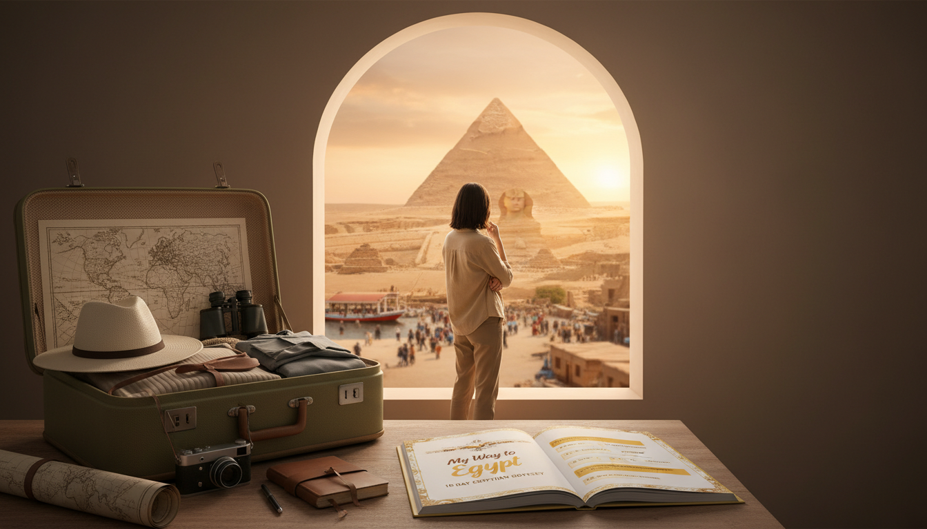 A beautifully designed travel itinerary layout centered on optimizing a 10-day journey in Egypt, featuring iconic landmarks like the Pyramids of Giza, the Sphinx, and the Nile River. In the foreground, a well-organized travel guidebook with prominent sections highlighted, alongside a packed suitcase and travel essentials like a camera and a map. The middle ground showcases a warm, inviting sunset casting a golden hue over the ancient structures, with a thoughtful traveler in professional, modest attire contemplating the sights. In the background, the bustling streets of Cairo depict a lively atmosphere. The lighting is soft and atmospheric, creating a sense of adventure and anticipation for exploration. Include the brand name "My Way to Egypt" subtly integrated into the layout, evoking a feeling of discovery and excitement.