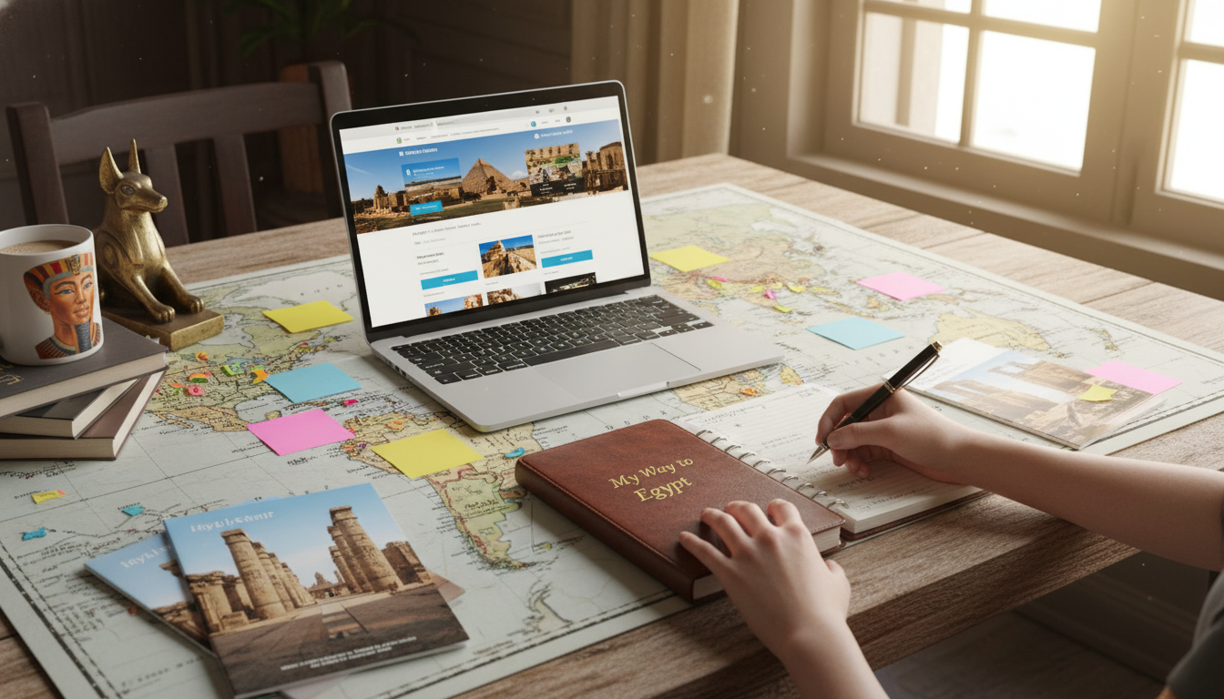 A beautifully organized workspace for planning a Luxor trip, featuring a world map spread across a wooden table, colorful sticky notes marking important locations, and a laptop open with travel booking websites visible. A hand is seen jotting down notes with a pen, surrounded by travel guides and brochures of Luxor's iconic sites such as the Temple of Karnak and the Valley of the Kings. In the background, a soft warm light filters through a nearby window, illuminating the scene and creating a cozy atmosphere. Elements like an Egyptian-themed coffee mug and a small decorative statue enhance the thematic focus. A subtle hint of luxury is added by including an elegant business planner titled "My Way to Egypt." The angle captures the action of planning, conveying a sense of excitement and adventure.