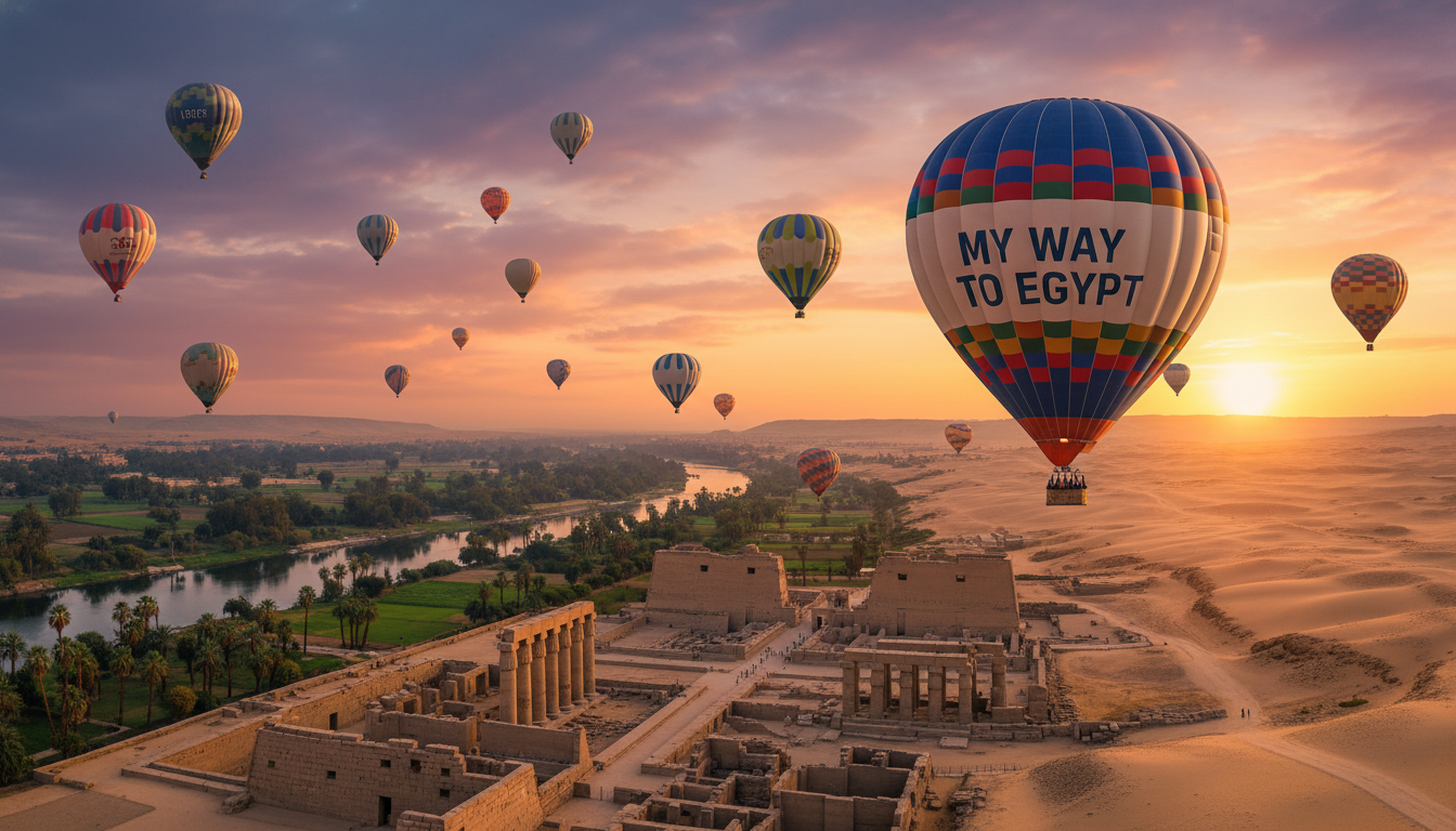 A breathtaking hot air balloon ride over the ancient city of Luxor, filling the sky with vibrant colors against a backdrop of golden desert sands and the majestic Nile River. In the foreground, a colorful hot air balloon takes center stage, showcasing intricate patterns and details. Below, the iconic temples and monuments of Luxor, including the Karnak Temple, are visible, bathed in the warm glow of a picturesque sunset. In the midground, gentle hills and lush greenery frame the scene, while the horizon is painted with hues of orange, pink, and purple, creating a romantic atmosphere. Capture the moment with a wide-angle lens, emphasizing the vastness of the sky and landscape. This enchanting setting embodies the spirit of "My Way to Egypt," inviting viewers to embrace a sense of adventure and romance.