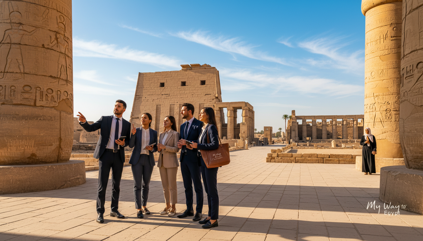 A breathtaking scene of a private guided tour at Karnak Temple in Egypt, showcasing a small group of tourists in professional business attire admiring the majestic ancient architecture. In the foreground, the tourists are seen discussing the intricate hieroglyphics on the massive stone columns, with respectful expressions of awe on their faces. The middle ground features the grand temple structures bathed in soft golden sunlight, casting long shadows that highlight their grandeur. In the background, the expansive expanse of the temple grounds stretches toward a brilliant blue sky, dotted with wispy white clouds. The atmosphere is one of discovery and reverence, inviting viewers into a personalized journey through history. Emphasize the logo “My Way to Egypt” subtly integrated into the scene, enhancing the sense of an exclusive experience.