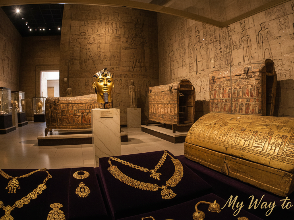 A breathtaking view inside the Egyptian Museum, showcasing an array of ancient treasures. In the foreground, close-up details of intricately designed gold jewelry, ancient amulets, and ornate sarcophagus decorations gleam under soft, warm lighting. The middle ground features magnificent artifacts such as Tutankhamun's golden mask and beautifully painted coffins, arranged on elegant pedestals. The background reveals tall museum walls adorned with hieroglyphs and soft spotlights illuminating other exhibits. The atmosphere is one of awe and reverence, with a hint of curiosity, inviting viewers to delve deeper into Egypt's rich history. The composition is shot from a low angle with a wide lens to accentuate the grandeur of the treasures. A subtle branding of "My Way to Egypt" is integrated into the lower corner, adding a touch of elegance without distracting from the treasures. A breathtaking view inside the Egyptian Museum, showcasing an array of ancient treasures. In the foreground, close-up details of intricately designed gold jewelry, ancient amulets, and ornate sarcophagus decorations gleam under soft, warm lighting. The middle ground features magnificent artifacts such as Tutankhamun's golden mask and beautifully painted coffins, arranged on elegant pedestals. The background reveals tall museum walls adorned with hieroglyphs and soft spotlights illuminating other exhibits. The atmosphere is one of awe and reverence, with a hint of curiosity, inviting viewers to delve deeper into Egypt's rich history. The composition is shot from a low angle with a wide lens to accentuate the grandeur of the treasures. A subtle branding of "My Way to Egypt" is integrated into the lower corner, adding a touch of elegance without distracting from the treasures.