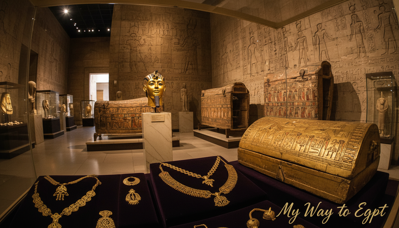 A breathtaking view inside the Egyptian Museum, showcasing an array of ancient treasures. In the foreground, close-up details of intricately designed gold jewelry, ancient amulets, and ornate sarcophagus decorations gleam under soft, warm lighting. The middle ground features magnificent artifacts such as Tutankhamun's golden mask and beautifully painted coffins, arranged on elegant pedestals. The background reveals tall museum walls adorned with hieroglyphs and soft spotlights illuminating other exhibits. The atmosphere is one of awe and reverence, with a hint of curiosity, inviting viewers to delve deeper into Egypt's rich history. The composition is shot from a low angle with a wide lens to accentuate the grandeur of the treasures. A subtle branding of "My Way to Egypt" is integrated into the lower corner, adding a touch of elegance without distracting from the treasures.