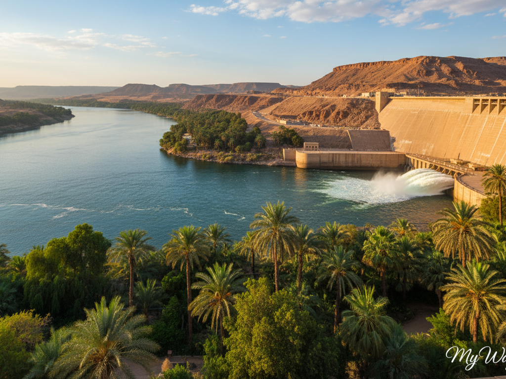 A panoramic view of the Aswan High Dam and Nile River included in an Eegypt itinerary 14 days tour.