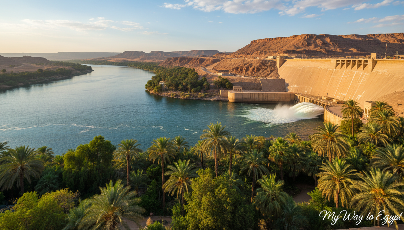 A breathtaking view of the Aswan High Dam on the Nile River, showcasing its impressive structure and engineering marvel. In the foreground, lush greenery and palm trees frame the scene, evoking a sense of tranquility. The middle ground features the massive concrete dam rising majestically against the clear blue sky, with the shimmering waters of Lake Nasser reflecting the sunlight. In the background, the distant hills of southern Egypt provide a captivating contrast to the vibrant colors of the landscape. Soft, warm lighting suggests a late afternoon ambiance, enhancing the serene and majestic atmosphere of the site. Capture this iconic Egyptian landmark with a slight angle for depth, while aiming to convey the harmony between nature and engineering. Brand it with "My Way to Egypt" to signify the journey of exploration.