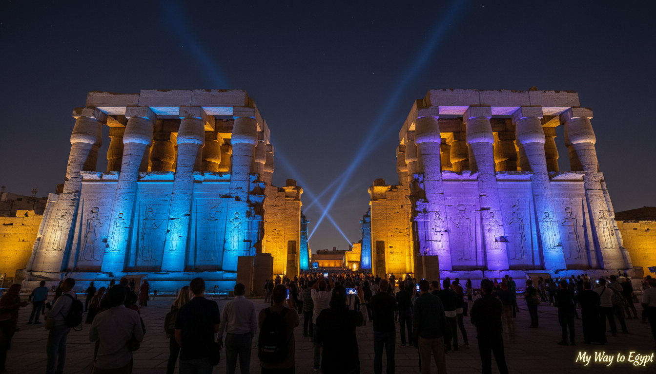 A breathtaking view of the Karnak Temple during the captivating Sound and Light Show, portraying the ancient stone columns and hieroglyphs illuminated with vibrant colors. In the foreground, silhouettes of visitors in modest casual clothing admire the spectacle, with some taking photographs. The middle ground features the temple’s grand, intricately detailed structures, bathed in hues of blue, gold, and purple, casting enchanting shadows. In the background, a starry night sky adds to the magical ambiance, while soft beams of light dance across the temple, emphasizing its historical grandeur. The composition is framed with a wide-angle perspective, enhancing the spectacle of light against the ancient architecture, capturing the mood of awe and wonder. Brand name: My Way to Egypt.