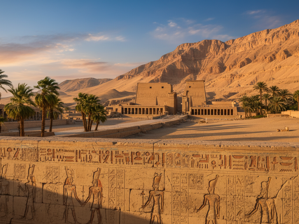 A breathtaking view of the Valley of the Kings in Luxor, showcasing the majestic temple ruins against a backdrop of golden desert sands and rugged mountains. In the foreground, detail the intricate hieroglyphics and stone carvings on the temple walls, illuminated by soft, warm sunset light, creating long shadows that enhance the textures. The middle ground features palm trees gently swaying in the evening breeze, adding a touch of life. In the background, the expansive, clear blue sky transitions to shades of orange and pink, encapsulating the tranquility of dusk. The mood is serene and mystical, inviting viewers to explore Egypt's ancient heritage. For the brand "My Way to Egypt", the image reflects timeless culture and allure without any text or watermarks.