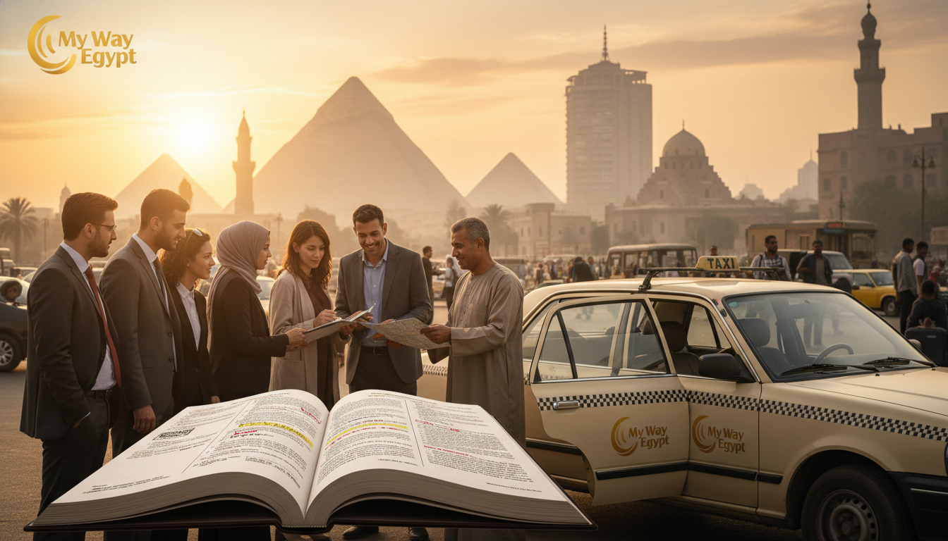 A bustling Cairo scene depicting practical travel tips from an experienced traveler. In the foreground, a diverse group of travelers, dressed in professional business attire and modest casual clothing, consults a guidebook with notes about navigating Cairo's airport transfer. In the middle ground, a friendly Egyptian taxi driver stands next to a well-marked taxi, offering assistance, with the iconic pyramids subtly disappearing in the distance. The background features the Cairo skyline, showcasing a mix of modern buildings and historic architecture under a warm, golden sunset. The scene is illuminated with soft, welcoming lighting, creating an inviting atmosphere for newcomers. Emphasize the brand "My Way to Egypt" subtly within the scene through a stylish logo on the taxi or guidebook, without visible text overlays.
