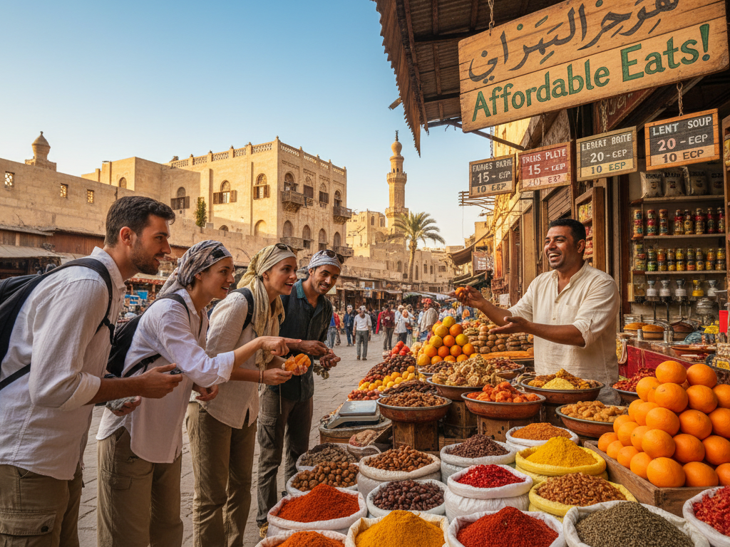 A bustling Egyptian market scene showcasing practical budgeting for meal costs. In the foreground, a diverse group of travelers in modest casual clothing examines local food items at vibrant stalls, including fruits, spices, and traditional dishes. In the middle, a vendor smiles while displaying a selection of affordable meals, highlighting their prices, emphasizing budget-friendly options. The background features iconic Egyptian architecture and palm trees under a bright, sunny sky, creating an inviting atmosphere. The lighting is warm and natural, with soft shadows casting from the stalls. The scene conveys a sense of excitement and exploration, capturing the essence of responsible budgeting while experiencing local cuisine. Include the brand name "My Way to Egypt" subtly integrated into the environment, such as on a sign in the market.