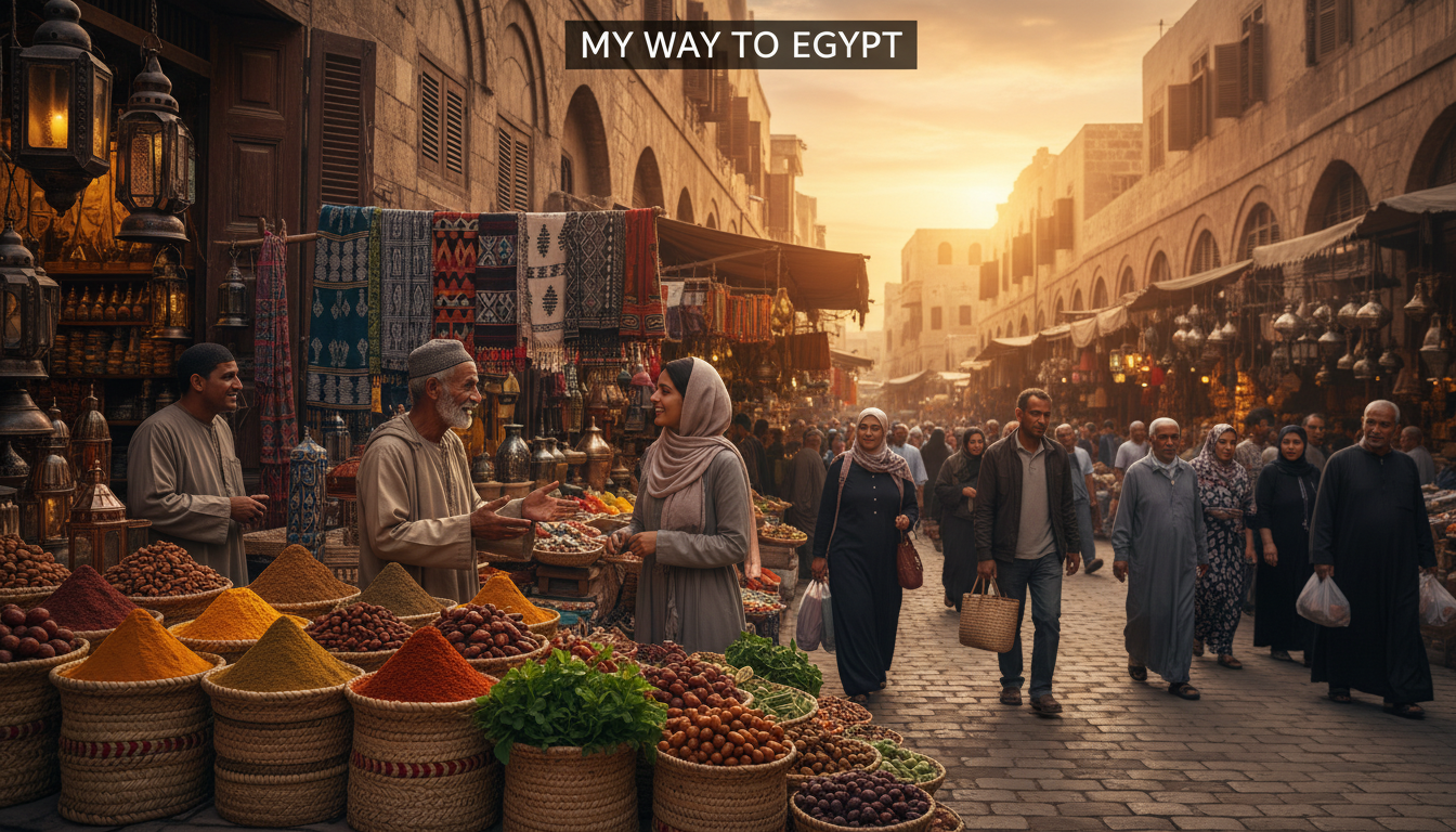 A bustling local market in Egypt, vibrant with color and life. In the foreground, a variety of fresh, aromatic spices displayed in woven baskets, alongside ripe fruits and vegetables. An elderly vendor in modest clothing engages with a customer, both smiling amidst the lively atmosphere. The middle ground features stalls adorned with traditional textiles and handcrafted goods, while shopping locals browse eagerly. In the background, the sun sets, casting a warm, golden glow over a historic market street lined with ancient stone buildings. The lighting is soft but vibrant, capturing the essence of an authentic local experience. The scene radiates a sense of community, discovery, and the rich culture of Egypt. My Way to Egypt. A bustling local market in Egypt, vibrant with color and life. In the foreground, a variety of fresh, aromatic spices displayed in woven baskets, alongside ripe fruits and vegetables. An elderly vendor in modest clothing engages with a customer, both smiling amidst the lively atmosphere. The middle ground features stalls adorned with traditional textiles and handcrafted goods, while shopping locals browse eagerly. In the background, the sun sets, casting a warm, golden glow over a historic market street lined with ancient stone buildings. The lighting is soft but vibrant, capturing the essence of an authentic local experience. The scene radiates a sense of community, discovery, and the rich culture of Egypt. My Way to Egypt.