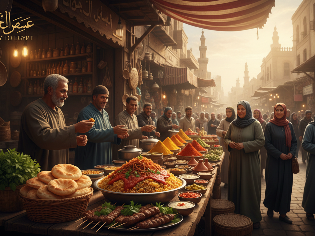 A bustling street in Cairo serving authentic Egyptian street food, with a vibrant array of colorful dishes laid out on a rustic wooden table. In the foreground, a plate of koshari, topped with lentils, rice, and a spicy tomato sauce, alongside freshly baked pita bread and slices of grilled kofta. Local vendors in modest casual clothing engage with customers, creating a warm and inviting atmosphere. The middle ground features a busy market scene, with spices and herbs displayed in woven baskets, under soft golden sunlight filtering through fabric awnings. The background showcases traditional Egyptian architecture, adding cultural depth. The lighting is warm and inviting, captured with a slight tilt-down angle to focus on the food, enhancing its appeal. The overall mood is lively and authentic, reflecting the rich flavors of Egyptian cuisine. My Way to Egypt.