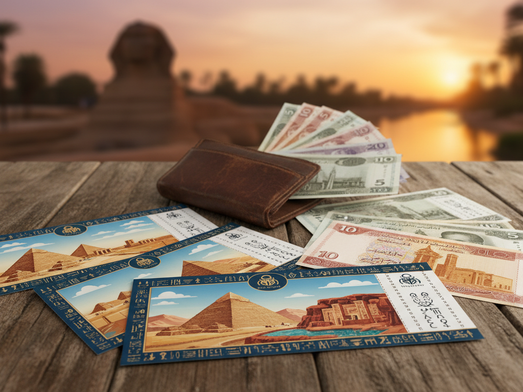 A collection of beautifully designed entrance tickets for various historical sites in Egypt, displayed on a rustic wooden surface. In the foreground, focus on detailed ticket designs featuring iconic landmarks like the Pyramids of Giza and the Valley of the Kings, showcasing vibrant colors and ornate patterns. In the middle ground, include a partially opened leather wallet revealing additional tickets and currency in Egyptian pounds, subtly hinting at travel planning. The background features a blurred image of the Sphinx and the Nile River at sunset, casting warm golden light across the scene, evoking a sense of adventure and exploration. The atmosphere is inviting and informative, perfect for travelers. The brand "My Way to Egypt" should be visually integrated into the overall design without textual overlays.