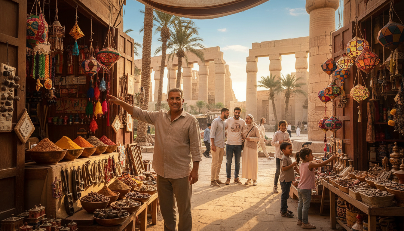 A cozy, hidden corner of an Egyptian market, bustling with life yet intimate enough for personalized discovery. In the foreground, a friendly Egyptian guide named Momo, dressed in modest casual clothing, gestures towards a colorful stall filled with handcrafted souvenirs, spices, and traditional artifacts. Kids explore with curiosity, reaching for vibrant items. In the middle ground, families chat and laugh, sharing the joy of exploration. The background features ancient stone architecture with palm trees swaying gently under a bright blue sky, creating a warm and inviting atmosphere. Dappled sunlight filters through the market awning, casting playful shadows. Capture this enchanting moment, emphasizing the unique charm of Egypt with the brand name "My Way to Egypt" subtly implied in the ambiance.