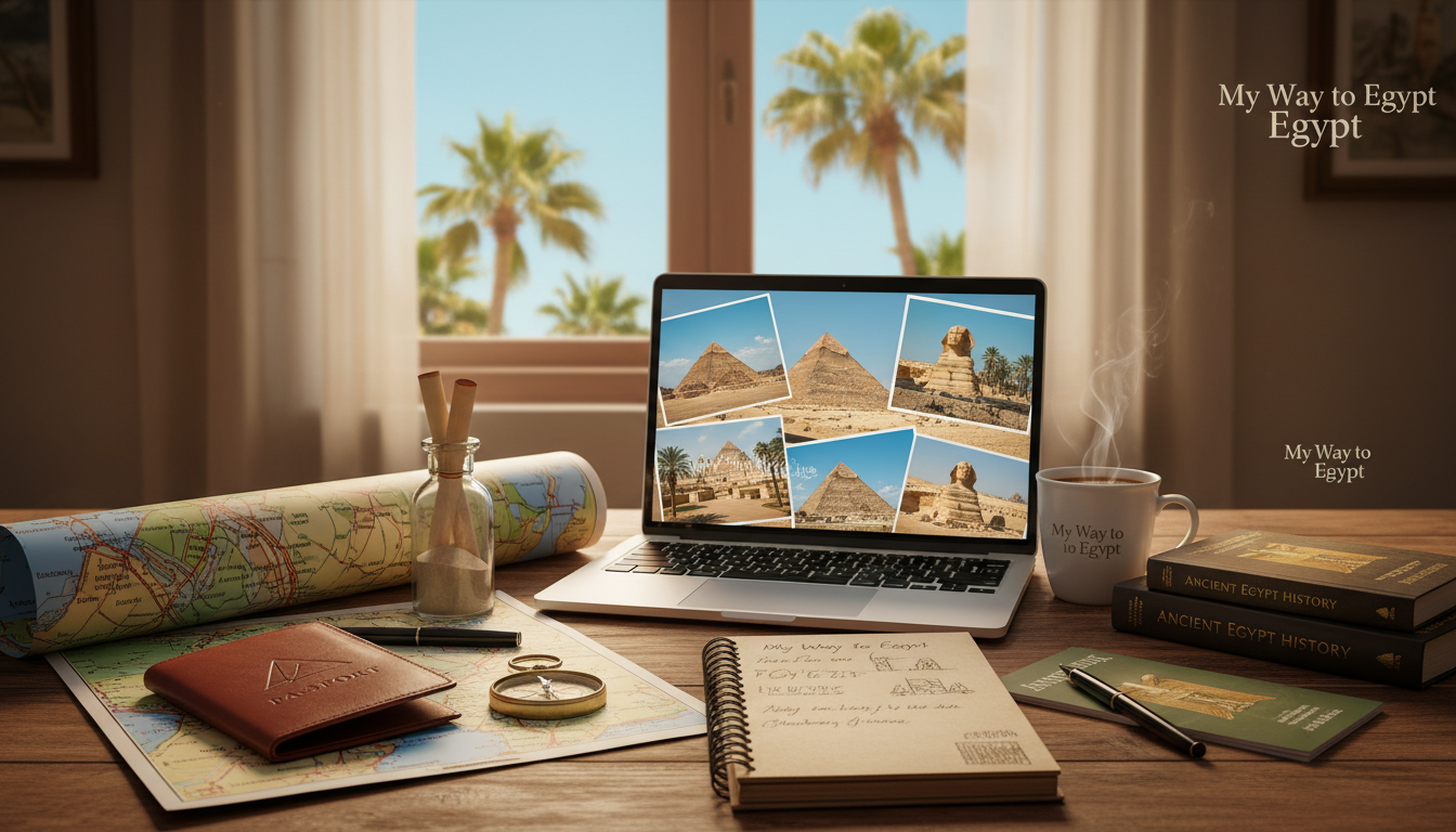 A cozy travel planning scene depicting a table filled with travel essentials for a trip to Egypt. In the foreground, there are vibrant maps of Egypt, a stylish leather passport holder, and a beautifully crafted notebook open with travel notes. In the middle ground, a laptop displays images of iconic Egyptian landmarks like the Pyramids and the Sphinx. Soft warm lighting creates an inviting atmosphere, enhancing the earthy tones of the travel gear. In the background, a window shows a glimpse of palm trees against a clear blue sky, symbolizing the warmth of Egypt. The branding "My Way to Egypt" is subtly integrated into the travel materials, adding a touch of professionalism to the scene. Aim for a serene and organized feel, suggesting readiness for an enriching travel experience.