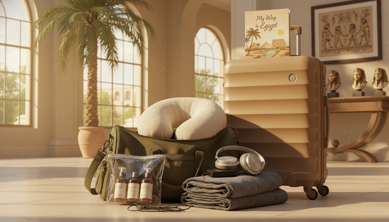 A cozy travel scene showcasing packing essentials for comfort in Egypt. In the foreground, a stylish travel bag is opened, revealing neatly arranged items: a plush neck pillow, a soft blanket, noise-canceling headphones, a portable charger, and travel-sized toiletries. In the middle, a modern suitcase sits beside a serene travel guidebook titled "My Way to Egypt", with images of lush landscapes and ancient landmarks. The background features a sun-drenched hotel lobby, with warm light flooding in through large windows, giving a welcoming atmosphere. A decorative palm tree and Egyptian art pieces subtly enhance the ambiance. The overall mood is relaxed and inviting, perfect for blending history with modern comfort while traveling through Egypt.