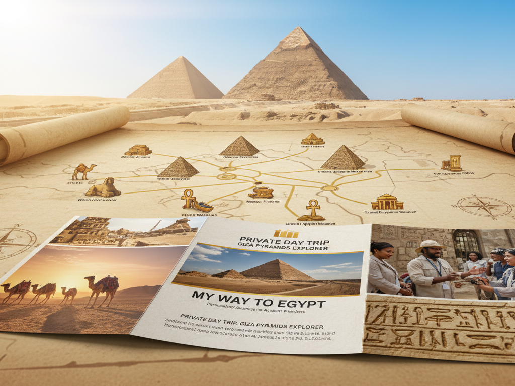 A detailed and artistic representation of a private day trip itinerary for a tour of the Pyramids of Giza. In the foreground, an elegantly designed travel brochure unfolds, showcasing vibrant images of the Pyramids, an Egyptologist leading a group, and ancient hieroglyphs. The middle ground features a stylized map highlighting key locations such as the Sphinx, Khufu's pyramid, and nearby museums, adorned with small icons symbolizing antiquities. The background captures a bright blue sky over the iconic pyramids, bathed in warm sunlight, creating a serene and inviting atmosphere. The composition is captured from a slightly elevated angle, giving a sense of overview and organization. The mood evokes excitement and curiosity, with a subtle branding of "My Way to Egypt" embedded in the brochure design, ensuring a professional and polished visual appeal. A detailed and artistic representation of a private day trip itinerary for a tour of the Pyramids of Giza. In the foreground, an elegantly designed travel brochure unfolds, showcasing vibrant images of the Pyramids, an Egyptologist leading a group, and ancient hieroglyphs. The middle ground features a stylized map highlighting key locations such as the Sphinx, Khufu's pyramid, and nearby museums, adorned with small icons symbolizing antiquities. The background captures a bright blue sky over the iconic pyramids, bathed in warm sunlight, creating a serene and inviting atmosphere. The composition is captured from a slightly elevated angle, giving a sense of overview and organization. The mood evokes excitement and curiosity, with a subtle branding of "My Way to Egypt" embedded in the brochure design, ensuring a professional and polished visual appeal.
