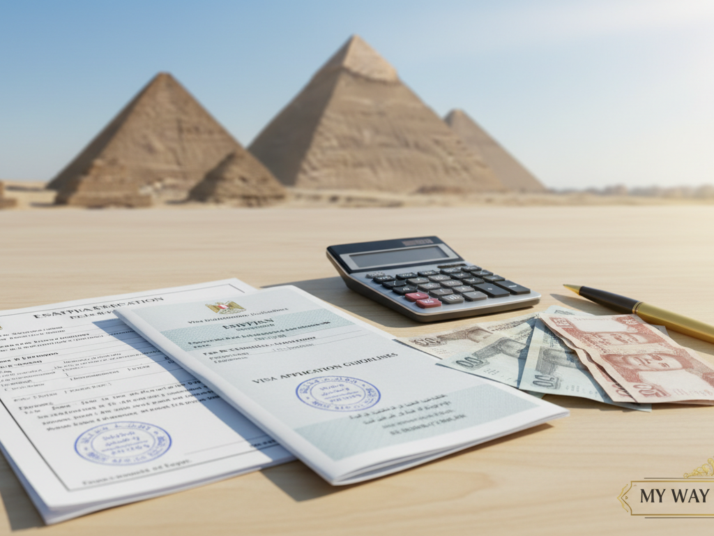A detailed and organized workspace showcasing Egyptian visa documentation and associated fees. In the foreground, a neatly arranged stack of official documents, including a visa application form, guidelines, and a fee schedule, are prominently displayed. The middle ground features a stylish calculator, currency notes, and a pen, symbolizing the financial aspect of the visa process. In the background, a blurred image of the Pyramids of Giza adds an iconic touch, conveying Egypt's rich heritage. The scene is illuminated with warm, natural light, creating an inviting atmosphere, while a slight overhead angle adds depth. The overall mood is professional and informative, reflecting the brand "My Way to Egypt".