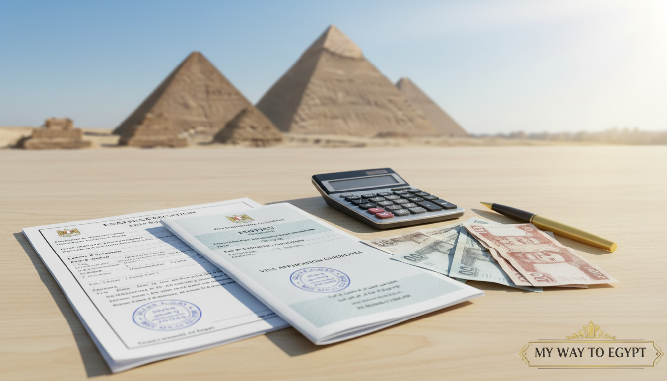 A detailed and organized workspace showcasing Egyptian visa documentation and associated fees. In the foreground, a neatly arranged stack of official documents, including a visa application form, guidelines, and a fee schedule, are prominently displayed. The middle ground features a stylish calculator, currency notes, and a pen, symbolizing the financial aspect of the visa process. In the background, a blurred image of the Pyramids of Giza adds an iconic touch, conveying Egypt's rich heritage. The scene is illuminated with warm, natural light, creating an inviting atmosphere, while a slight overhead angle adds depth. The overall mood is professional and informative, reflecting the brand "My Way to Egypt".
