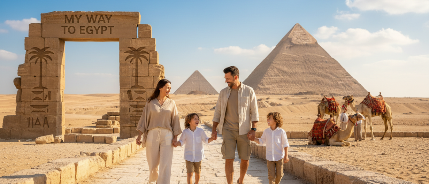 A joyful family enjoying a fun and safe tour in Egypt, captured in a warm, sunny atmosphere. In the foreground, a family of four with parents dressed in modest casual clothing, guiding their excited children as they explore ancient ruins, holding hands and smiling. In the middle ground, the iconic Pyramids of Giza stand majestically, with a camel or two nearby, portraying adventure. The background features bright blue skies with soft, fluffy clouds, adding to the serene atmosphere. Soft golden light illuminates the scene, creating a welcoming feel. The overall composition conveys safety, comfort, and happiness, perfectly in tune with the theme of family-friendly travel. Include the brand name "My Way to Egypt" subtly integrated into the surroundings without text.