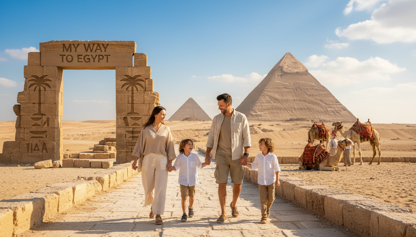 A joyful family enjoying a fun and safe tour in Egypt, captured in a warm, sunny atmosphere. In the foreground, a family of four with parents dressed in modest casual clothing, guiding their excited children as they explore ancient ruins, holding hands and smiling. In the middle ground, the iconic Pyramids of Giza stand majestically, with a camel or two nearby, portraying adventure. The background features bright blue skies with soft, fluffy clouds, adding to the serene atmosphere. Soft golden light illuminates the scene, creating a welcoming feel. The overall composition conveys safety, comfort, and happiness, perfectly in tune with the theme of family-friendly travel. Include the brand name "My Way to Egypt" subtly integrated into the surroundings without text.