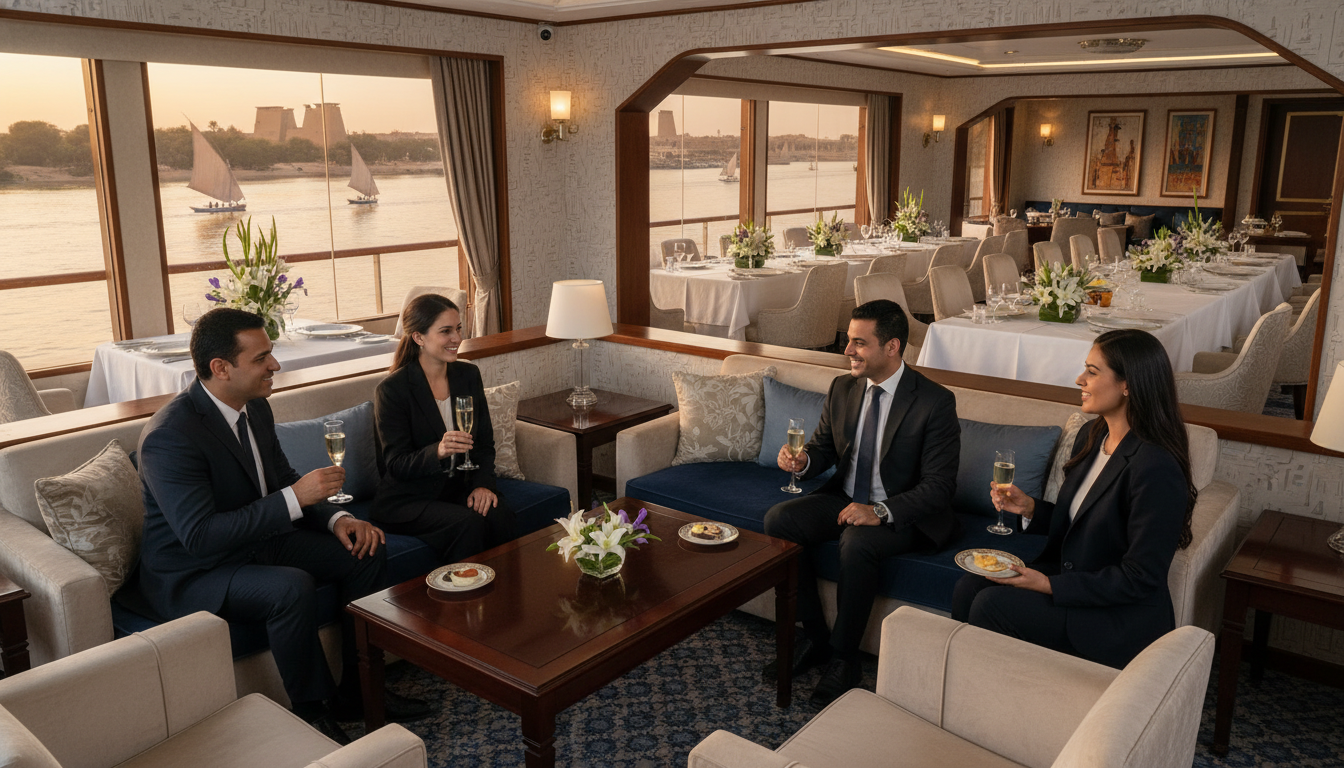 A luxurious Nile cruise scene showcasing onboard amenities and services, featuring a beautifully decorated lounge area with plush seating arrangements and elegant tables. In the foreground, a group of professional individuals, dressed in modest business attire, enjoy refreshments, fostering a welcoming atmosphere. The middle section highlights stunning dining spaces with exquisite table settings, complete with fine china and fresh flowers. The background presents large windows revealing the scenic Nile views under warm, golden sunlight, emphasizing the relaxation and tranquility of the journey. Soft lighting enhances the ambiance, creating an inviting and serene mood. The cruise brand "My Way to Egypt" subtly implied in the decor, without direct mention. Lens perspective captures the entire scene from an inviting angle, inviting viewers to envision themselves aboard.