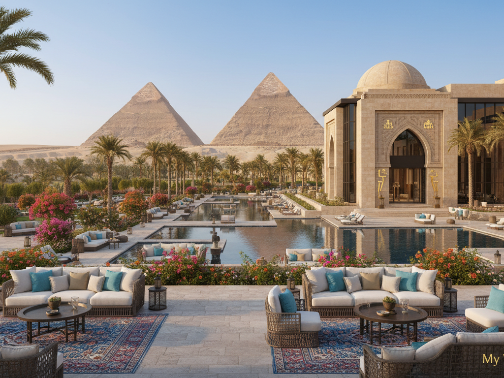 A luxurious hotel with a stunning view of the Giza pyramids, nestled in a lush garden filled with palm trees and vibrant flowers. In the foreground, elegantly designed outdoor seating areas with plush cushions invite relaxation. The middle ground features the hotel's modern architecture, blending seamlessly with traditional Egyptian motifs. The background showcases the majestic pyramids bathed in soft golden sunlight, highlighting their ancient grandeur against a clear blue sky. The atmosphere is serene and inviting, perfect for discerning travelers seeking comfort and authenticity. The scene is captured from a slightly elevated angle, with a wide lens that captures both the exquisite hotel and the iconic pyramids. This image embodies the perfect blend of luxury and cultural heritage, attributed to "My Way to Egypt".
