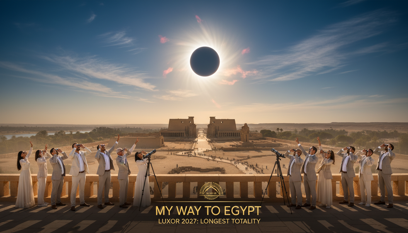 A panoramic view showcasing the optimal viewing locations for the total solar eclipse in Luxor, August 2027. In the foreground, a diverse group of individuals dressed in smart casual attire, pointing excitedly towards the sky, have telescopes and eclipse glasses. The middle ground features iconic landmarks like the Temple of Karnak silhouette against the vibrant eclipse, with the moon partially obscuring the sun surrounded by a halo of glowing solar corona. The background is a vast clear blue sky, enhanced by subtle wispy clouds, creating a captivating atmosphere. The scene is bathed in warm golden sunlight, adding to the sense of wonder. Designed for "My Way to Egypt," this image illustrates various paths and locations for witnessing the longest totality, inviting viewers into an unforgettable celestial experience. A panoramic view showcasing the optimal viewing locations for the total solar eclipse in Luxor, August 2027. In the foreground, a diverse group of individuals dressed in smart casual attire, pointing excitedly towards the sky, have telescopes and eclipse glasses. The middle ground features iconic landmarks like the Temple of Karnak silhouette against the vibrant eclipse, with the moon partially obscuring the sun surrounded by a halo of glowing solar corona. The background is a vast clear blue sky, enhanced by subtle wispy clouds, creating a captivating atmosphere. The scene is bathed in warm golden sunlight, adding to the sense of wonder. Designed for "My Way to Egypt," this image illustrates various paths and locations for witnessing the longest totality, inviting viewers into an unforgettable celestial experience.