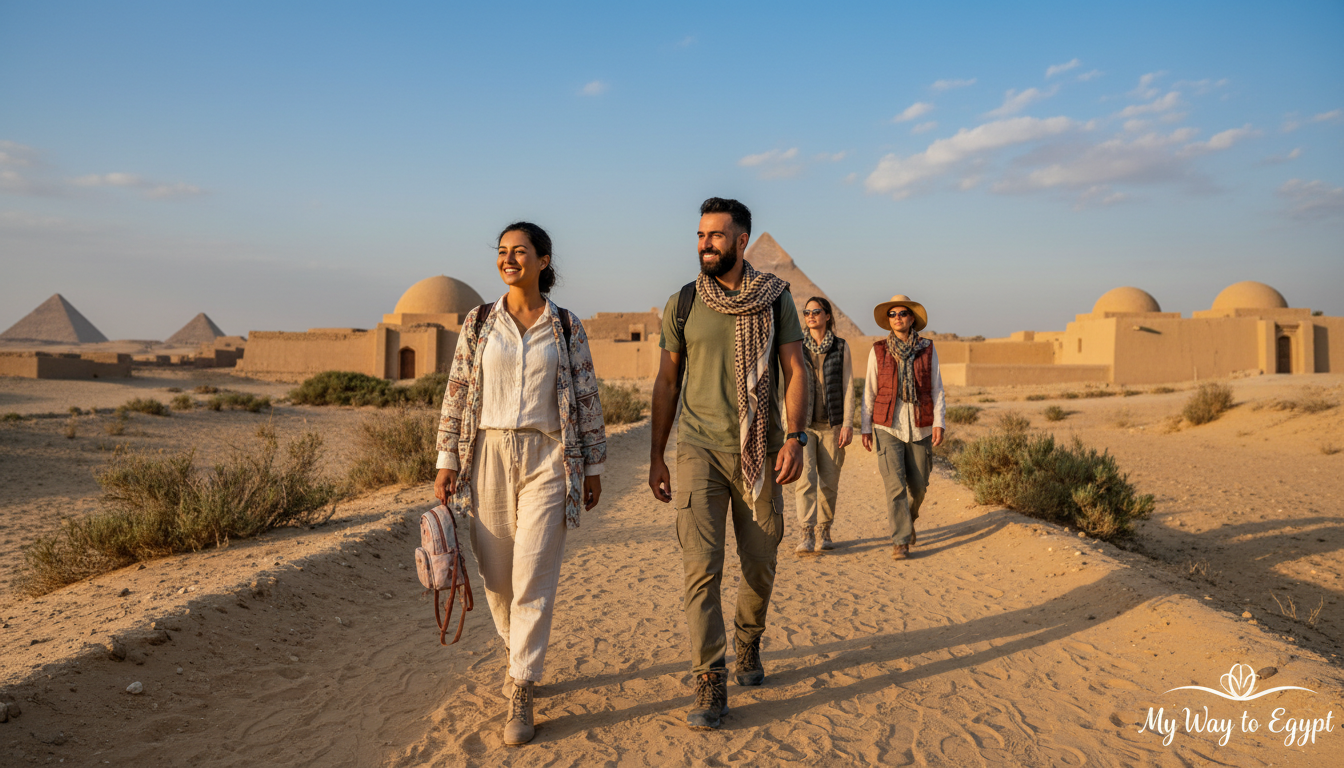 A picturesque outdoor scene showcasing layering for weather changes in Egypt, focusing on a diverse group of travelers dressed in stylish yet practical clothing. In the foreground, a woman wears a lightweight, breathable long-sleeve shirt layered with a light jacket, alongside a man in a short-sleeve shirt with a scarf. They are standing on a sandy desert path, surrounded by sparse vegetation. In the middle ground, traditional Egyptian architecture can be seen, with soft sunlight casting gentle shadows. The background features distant pyramids against a clear blue sky, hinting at warmth, yet with clouds suggesting possible weather changes. The atmosphere is vibrant and welcoming, conveying the essence of exploration in Egypt. The image should reflect the brand "My Way to Egypt," emphasizing practicality and style for unexpected weather.