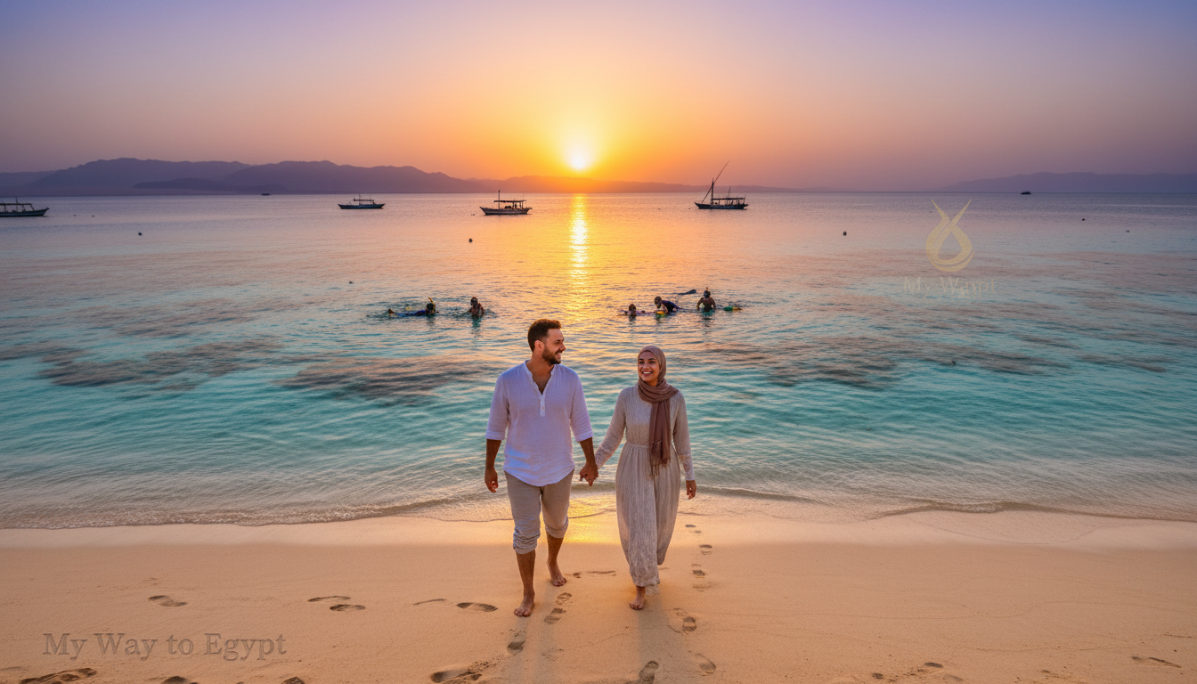A picturesque scene capturing the essence of summer travel in the Red Sea. In the foreground, a couple enjoys a leisurely stroll along the sandy beach, smiling and wearing modest casual clothing. In the middle ground, vibrant coral reefs peek through the crystal-clear water, and people are snorkeling, marveling at the marine life. In the background, the sun sets, casting a warm golden light over the tranquil sea, with distant mountains silhouetted against the sky. The atmosphere is serene and inviting, suggesting a perfect summer getaway. Capture the colors of the sunset reflecting on the water's surface. Include the brand name "My Way to Egypt" subtly integrated into the scene's design. A picturesque scene capturing the essence of summer travel in the Red Sea. In the foreground, a couple enjoys a leisurely stroll along the sandy beach, smiling and wearing modest casual clothing. In the middle ground, vibrant coral reefs peek through the crystal-clear water, and people are snorkeling, marveling at the marine life. In the background, the sun sets, casting a warm golden light over the tranquil sea, with distant mountains silhouetted against the sky. The atmosphere is serene and inviting, suggesting a perfect summer getaway. Capture the colors of the sunset reflecting on the water's surface. Include the brand name "My Way to Egypt" subtly integrated into the scene's design.