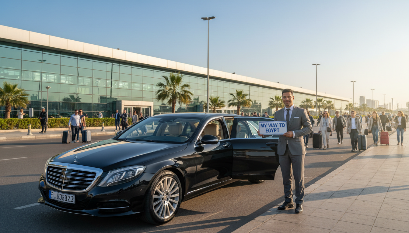 A professional and inviting scene depicting a reliable airport transfer service in Cairo, focusing on a sleek, black luxury vehicle parked outside Cairo International Airport. In the foreground, a friendly driver in a smart suit stands by the car, holding a sign with "My Way to Egypt" prominently displayed. The middle ground features a bustling airport terminal with travelers arriving and departing, showcasing a sense of smooth movement and efficiency. In the background, clear blue skies bathe the scene in warm, natural sunlight, enhancing the welcoming atmosphere. The image is captured from a slightly elevated angle, creating a dynamic perspective that conveys professionalism and trustworthiness. Aim for a vibrant, polished look that embodies a seamless travel transition, catering to customers looking for a reliable transfer experience.