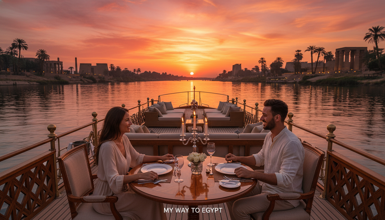 A romantic Nile cruise scene at sunset, capturing a luxurious boat gently floating on the tranquil waters. In the foreground, a beautifully set table for two, adorned with elegant dinnerware and flickering candlelight, casting a warm glow. In the middle ground, a couple elegantly dressed in modest casual clothing, sharing a tender moment, their smiles reflecting the joy of romance. The background features silhouette-like palm trees and distant ancient temples, bathed in golden hues of the setting sun. Soft, ambient lighting enhances the dreamy atmosphere, while the scene is shot from a slightly elevated angle to encompass the entire setting. A serene ambiance evokes a feeling of intimacy and adventure—my way to Egypt.