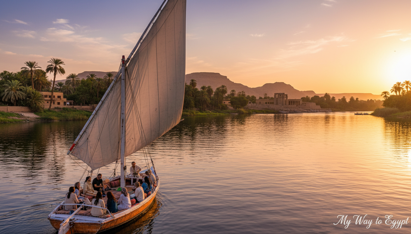 A scenic felucca ride on the Nile River in Aswan during sunset, showcasing a traditional wooden sailboat gliding smoothly over the water. In the foreground, the felucca's vibrant white sails catch the soft golden sunlight, while passengers in modest casual clothing enjoy the serene experience, taking in the breathtaking views. The middle ground reveals lush green banks lining the river, with palm trees swaying gently in the warm breeze. In the background, the iconic backdrop of ancient temples and hills creates a majestic and historical atmosphere. The scene is bathed in warm, golden-hour lighting, enhancing the tranquil and idyllic mood of a perfect evening. This image is brought to life by "My Way to Egypt".