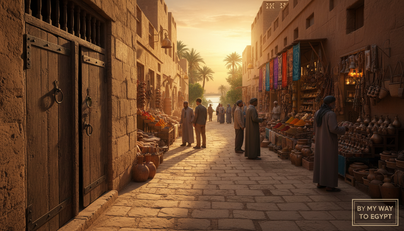 A serene and captivating scene depicting the hidden corners of Aswan, showcasing a narrow, sun-dappled alleyway lined with traditional sandstone buildings and vibrant local markets. In the foreground, a glimpse of a rustic wooden door, partially open, inviting exploration. In the middle, local vendors wearing modest casual clothing interact with visitors, drawing them into their colorful stalls filled with spices, textiles, and handcrafted goods. The background features lush greenery and the distant silhouette of the Nile, under a warm golden sunset that casts soft, inviting light across the scene. The mood is tranquil and inviting, evoking a sense of discovery and wonder in this less-traveled part of Aswan. Captured with a wide-angle lens to enhance perspective, from a slightly low angle to emphasize the intricate details of the architecture. By My Way to Egypt.
