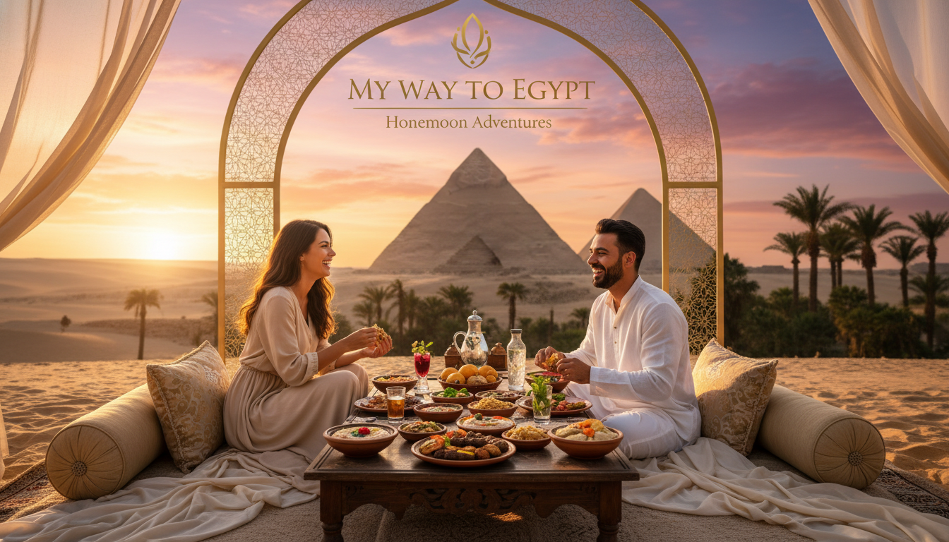A serene desert landscape during sunset, capturing the essence of Egypt's rich history and romantic atmosphere. In the foreground, an elegantly set table with traditional Egyptian dishes and refreshments, accompanied by comfortable seating draped in soft fabrics for outdoor dining. In the middle ground, a couple dressed in modest casual clothing enjoys the meal, laughing and sharing a moment of connection. The background features iconic ancient Egyptian architecture, like the pyramids and palm trees silhouetted against the vibrant hues of the sky. Warm, soft lighting enhances the romantic mood, while a gentle breeze subtly affects the fabrics. The entire scene is framed to create an inviting and comforting feel, emphasizing "My Way to Egypt" as an ideal choice for couples seeking a honeymoon adventure.