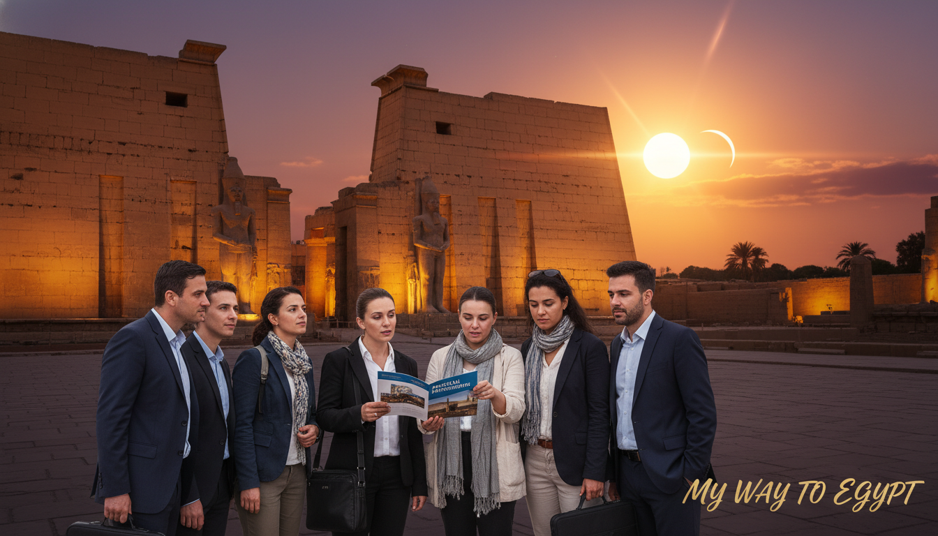 A serene scene capturing the beauty of Luxor during a solar eclipse. In the foreground, a diverse group of travelers, dressed in professional business attire and modest casual clothing, consult a detailed travel brochure titled "Practical Travel Information" as they gaze towards the darkening sky. The middle ground features the iconic Luxor Temple, elegantly illuminated by the soft lighting of the approaching eclipse. In the background, vibrant colors of the sunset blend with the deepening shadows, creating an atmosphere of anticipation and wonder. The lighting is warm and inviting, with a slight lens flare emanating from the sun partially obscured by the moon. Overall, this image reflects the excitement and preparation for witnessing the longest totality in August 2027, representing the brand "My Way to Egypt." A serene scene capturing the beauty of Luxor during a solar eclipse. In the foreground, a diverse group of travelers, dressed in professional business attire and modest casual clothing, consult a detailed travel brochure titled "Practical Travel Information" as they gaze towards the darkening sky. The middle ground features the iconic Luxor Temple, elegantly illuminated by the soft lighting of the approaching eclipse. In the background, vibrant colors of the sunset blend with the deepening shadows, creating an atmosphere of anticipation and wonder. The lighting is warm and inviting, with a slight lens flare emanating from the sun partially obscured by the moon. Overall, this image reflects the excitement and preparation for witnessing the longest totality in August 2027, representing the brand "My Way to Egypt."