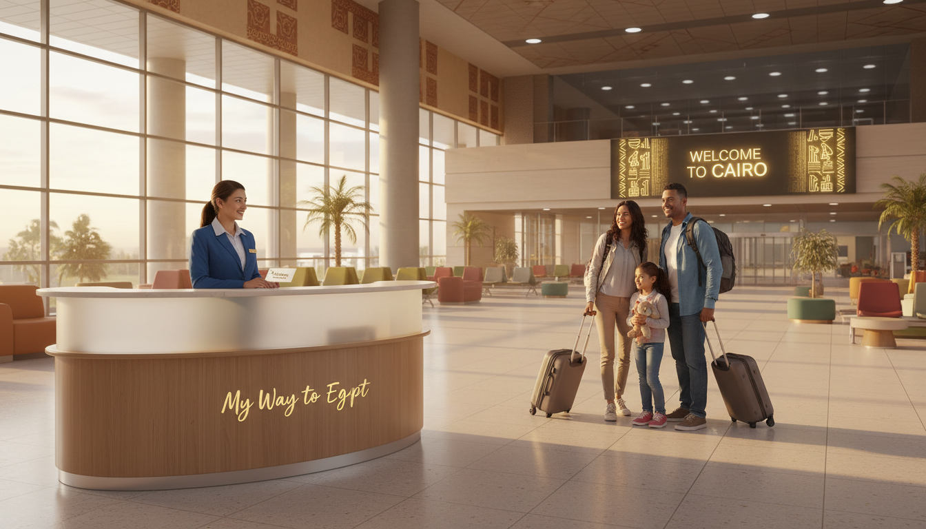 A serene scene depicting comfort and safety at Cairo Airport (CAI). The foreground features a welcoming airport information desk with a friendly staff member in professional attire, ready to assist travelers. In the middle ground, we see a family of three with luggage, smiling and interacting with the staff, embodying a sense of ease. The background captures the modern architecture of Cairo Airport, with soft, warm lighting creating an inviting atmosphere. Natural light filters through large windows, illuminating the polished floors and vibrant décor. The overall mood is one of warmth and tranquility, emphasizing a smooth arrival experience. Incorporate the brand name “My Way to Egypt” subtly into the design, connecting travelers to their journey. The image should evoke feelings of security, hospitality, and anticipation for the adventure ahead.