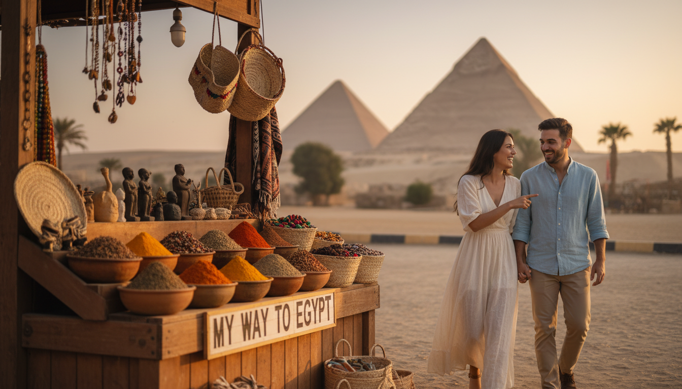 A serene scene highlighting the essence of Egypt's hidden treasures for honeymooners. In the foreground, a charming local market stall displays vibrant spices and delicate handmade crafts, evoking a sense of intimacy and discovery. The middle area features a couple, dressed in modest casual attire, sharing a moment of joy as they explore the market together, laughing and taking in the local culture. In the background, the iconic silhouette of the pyramids softly glows during the golden hour, framed by a warm, pastel sunset sky. The atmosphere is romantic and inviting, emphasizing the shared adventure of exploring local gems. The image should have a warm, soft focus to enhance the dreamy mood, imbuing the scene with a sense of nostalgia and wonder. My Way to Egypt.