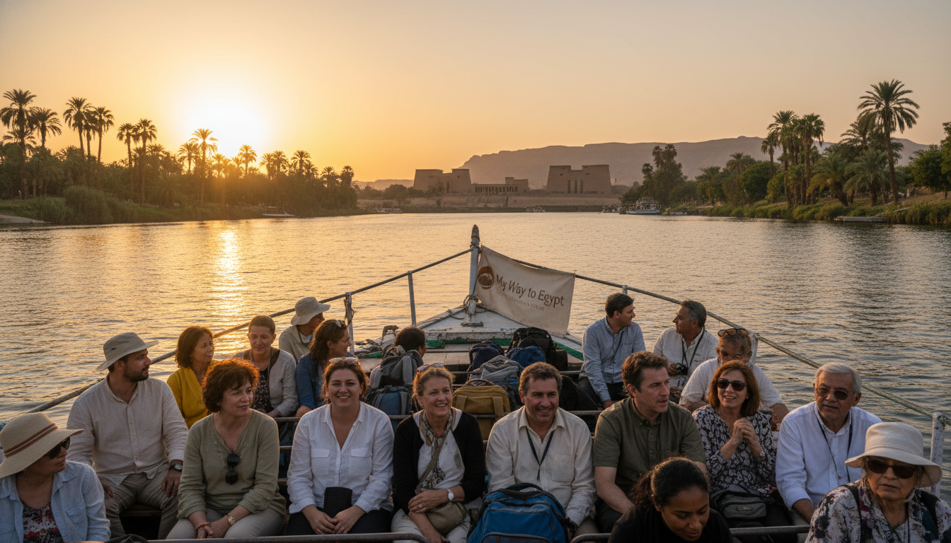 A serene scene of the Luxor ferry gracefully crossing the Nile, showcasing practical travel tips. In the foreground, a well-worn ferry loaded with tourists dressed in modest casual clothing, capturing a sense of adventure and discovery. The middle ground displays the sparkling blue waters of the Nile, with reflections of the vibrant green palm trees lining the riverbank. In the background, the stunning silhouettes of ancient temples and mountains under a golden sunset sky create a warm, inviting atmosphere. The lighting is soft and warm, ideal for sunset photography, creating a vivid and engaging representation of travel to Luxor. Emphasize the brand name "My Way to Egypt" subtly within the scene.