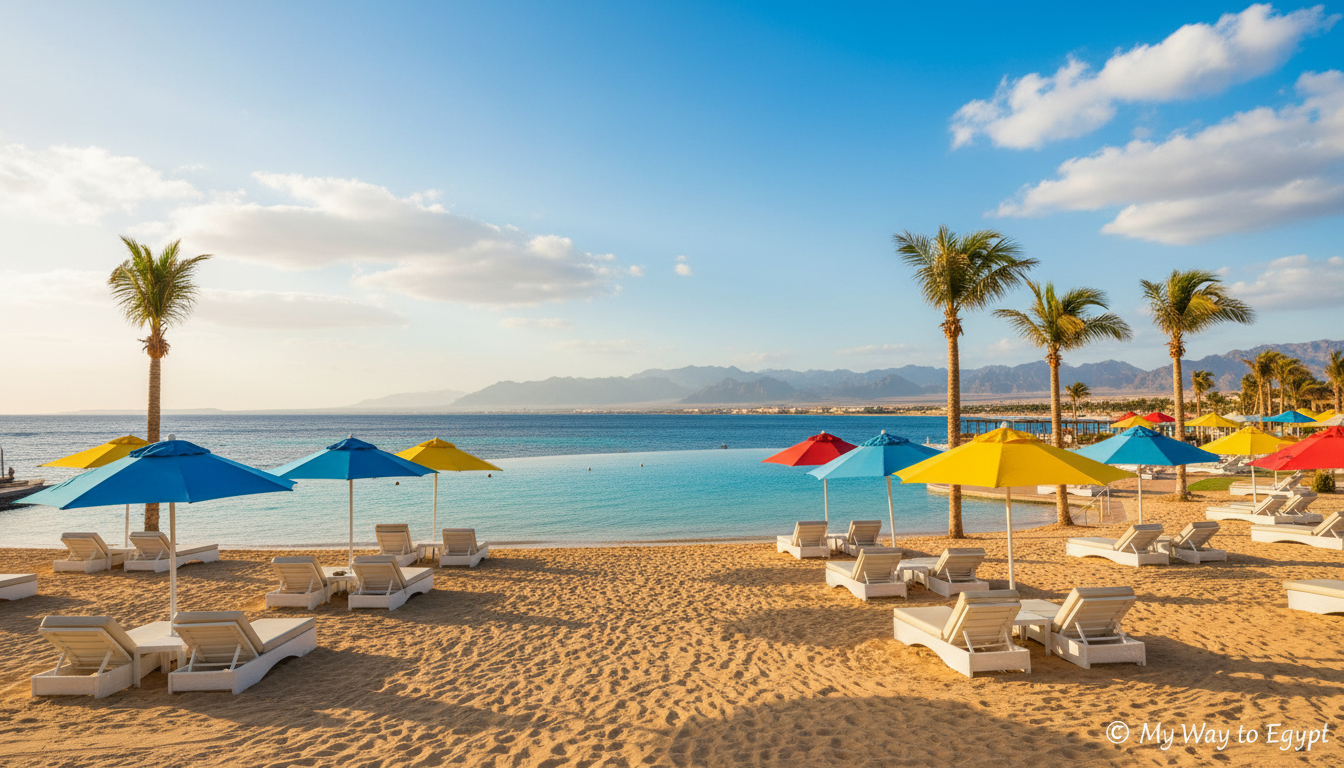 A serene view of El Gouna Red Sea Resort, showcasing a tranquil beachfront with crystal-clear turquoise waters gently lapping against soft golden sands. In the foreground, colorful beach umbrellas and comfortable lounge chairs invite relaxation. The middle ground features palm trees swaying in a soft breeze, framing a pristine infinity pool that seamlessly blends with the ocean. The background reveals the rugged coastline and distant mountains under a bright blue sky with a few fluffy white clouds. The scene is bathed in warm, golden sunlight, reflecting the peaceful and luxurious atmosphere of the resort. Capture the essence of paradise for travelers seeking seaside serenity, highlighting the exquisite beauty of El Gouna. Image by My Way to Egypt.