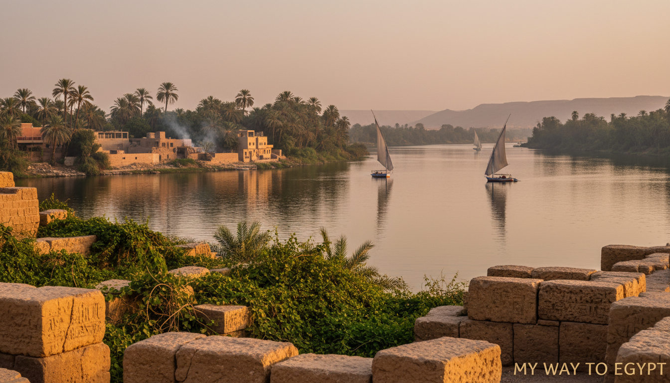 A serene view of Elephantine Island on the Nile River, showcasing lush greenery and historical ruins in the foreground. Small traditional boats gently glide across the water, reflecting the warm golden hues of a late afternoon sun. In the middle ground, clusters of palm trees intermingle with ancient stone structures, hinting at the rich history of the island. The background features the majestic flow of the Nile, with distant hills lightly shrouded in mist. The atmosphere is tranquil and inviting, capturing the essence of local life and hidden corners. The image should be framed with a slight tilt, simulating a 35mm lens perspective, emphasizing depth and a warm, soft glow that enhances the feeling of exploration and discovery. My Way to Egypt.