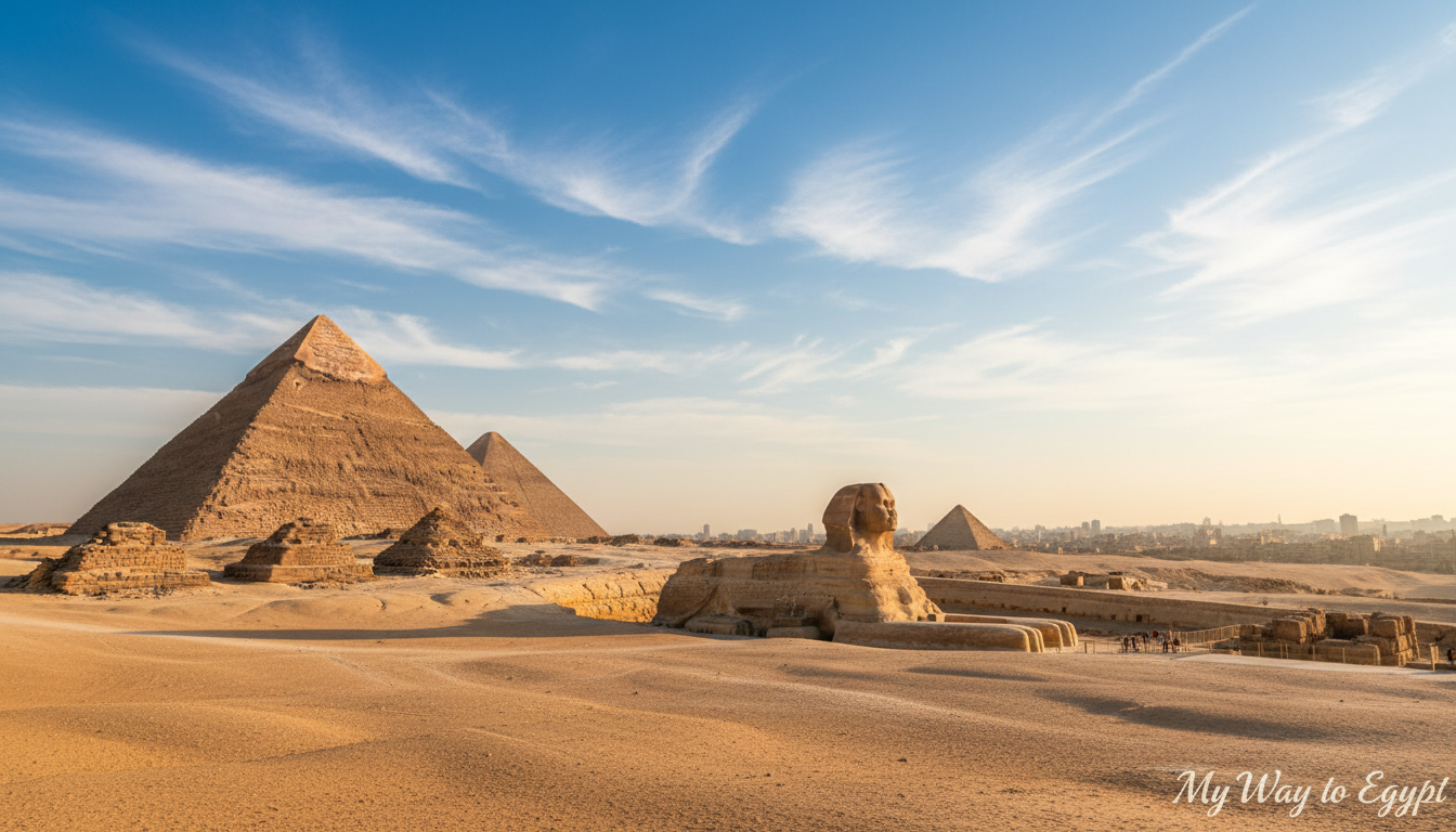 A stunning view of the Pyramids of Giza in the foreground, showcasing the Great Pyramid rising majestically under a bright blue sky, with wispy clouds gently floating above. In the middle ground, the iconic Sphinx stands sentinel, framed by the warm desert sands. Distant hills and the city of Cairo can be seen beyond the pyramids, giving a sense of scale and depth. The lighting is golden, suggesting either early morning or late afternoon, casting long shadows that highlight the ancient stones. The atmosphere is serene yet awe-inspiring, capturing the timelessness of these ancient marvels. Ideal for evoking a sense of wonder in travelers. Include the brand name "My Way to Egypt" subtly integrated into the composition.