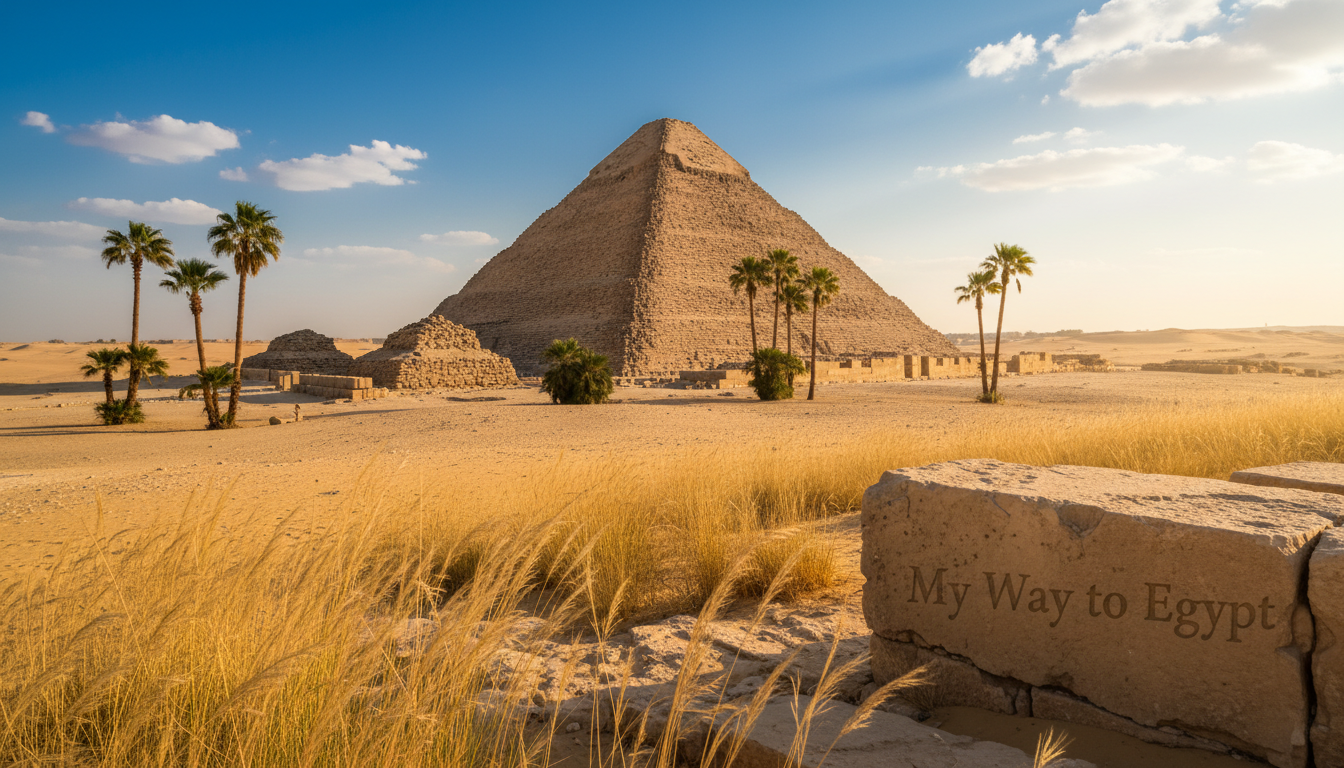 A stunning view of the Step Pyramid of Djoser at Saqqara, framed in golden hour sunlight. In the foreground, wispy desert grasses gently sway, emphasizing the arid landscape. The pyramid, with its iconic stepped structure, rises majestically in the middle ground, showing its limestone blocks and intricate details. Surrounding the pyramid are weathered ancient stone ruins and palm trees that hint at the historical significance of the site. In the background, the expansive desert stretches toward the horizon under a brilliant blue sky with scattered clouds. The atmosphere is serene and timeless, evoking a sense of wonder about Egypt's rich history. Use a wide-angle lens to capture the grandeur of the scene. Include the brand "My Way to Egypt" subtly integrated into the image during processing.
