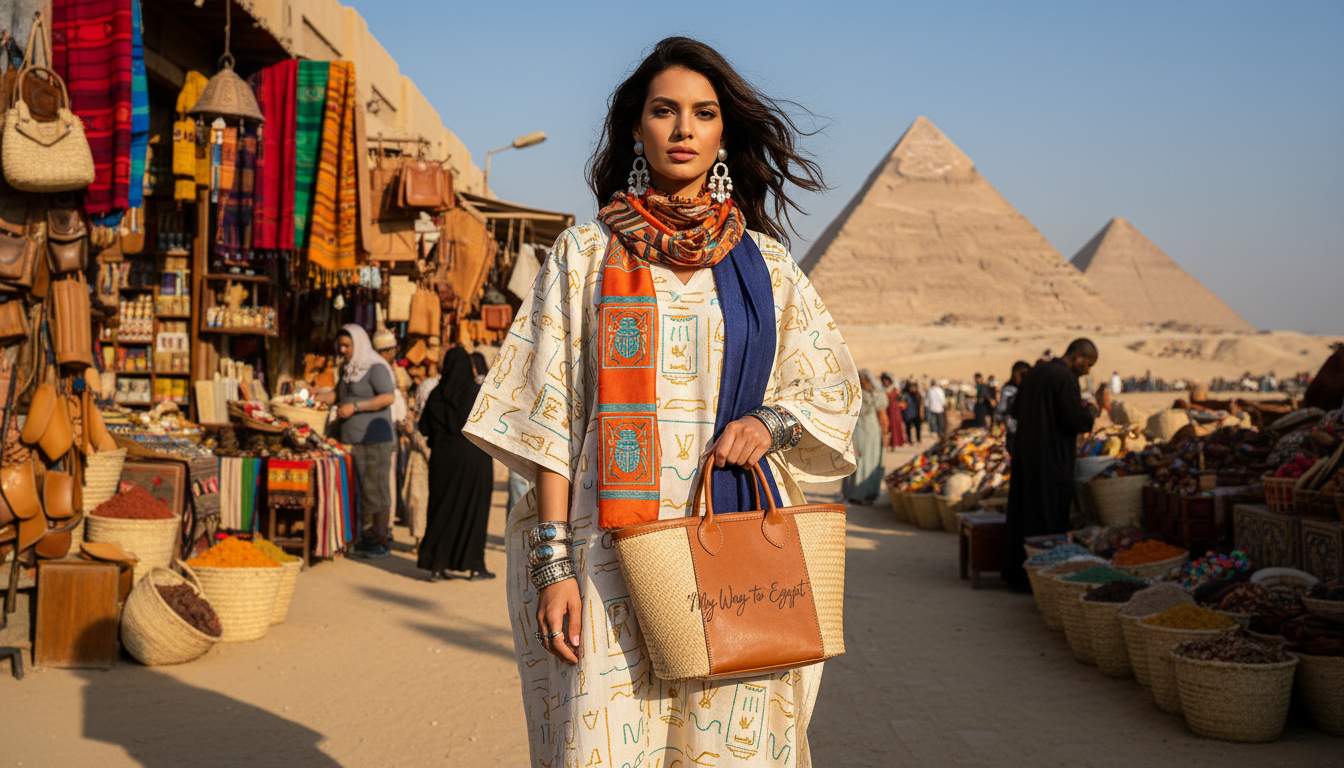 A stylish model wearing a light, breathable cotton tunic with intricate Egyptian patterns stands in the foreground, accessorized with vibrant scarves and chunky jewelry that reflect local artisanship. The middle layer features a bustling Egyptian marketplace, showcasing colorful textiles and handmade accessories that enhance the overall aesthetic. The background reveals iconic pyramids under a bright blue sky, casting soft shadows on the ground. Natural lighting illuminates the scene, creating a warm and inviting atmosphere. The camera angle is set at eye level, capturing the essence of accessorizing in Egypt. Incorporate the brand name "My Way to Egypt" subtly into the composition, ensuring a focus on fashion and culture without any text overlays.