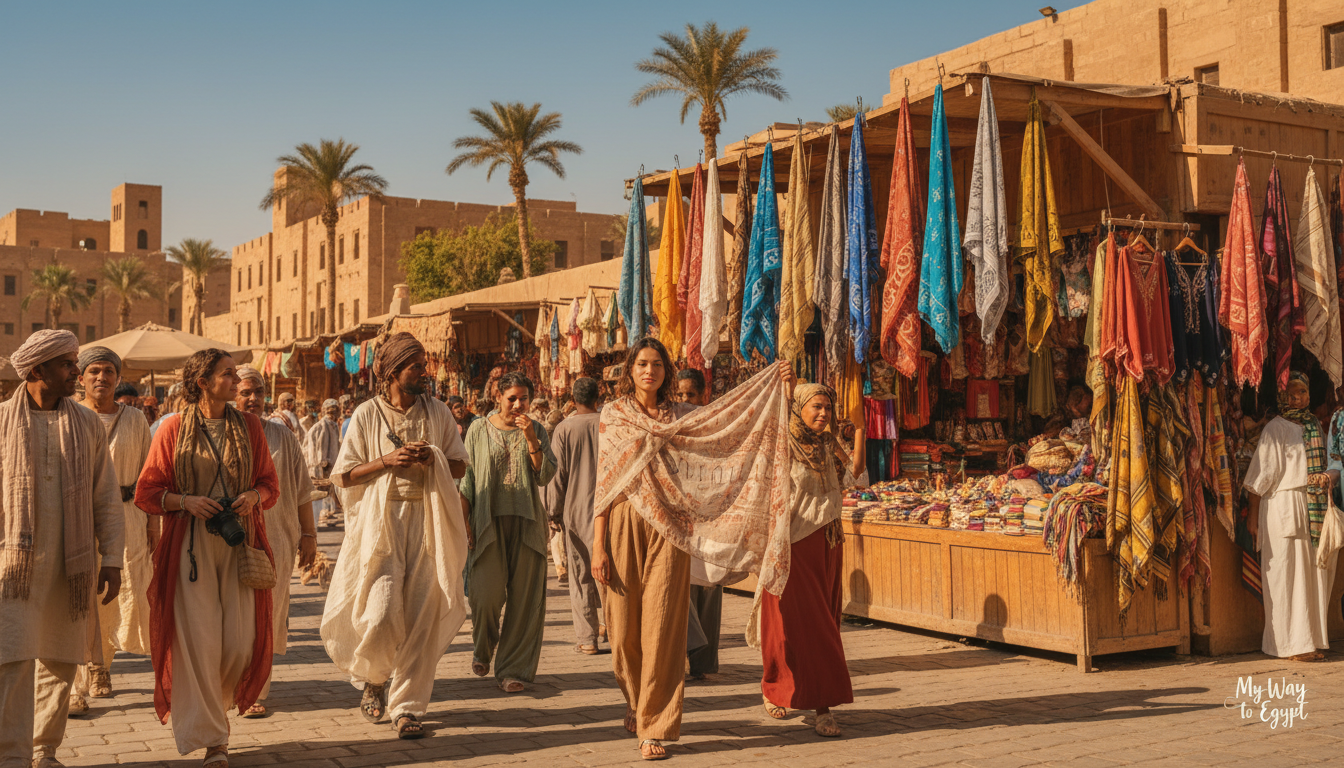A sun-soaked Egyptian marketplace bustling with activity, showcasing a variety of breathable fabrics ideal for travelers. In the foreground, a diverse group of people dressed in light, flowing garments made from natural materials like cotton and linen, reflecting comfort and style. The middle ground features colorful stalls draped with lightweight scarves and tunics, gently swaying in a warm breeze, emphasizing breathable fashion choices. The background includes iconic architectural elements of Egypt, such as sandstone buildings and palm trees under a clear blue sky. Harsh but diffused sunlight casts playful shadows, creating a vibrant and inviting atmosphere. The image embodies a sense of relaxed exploration, highlighting the essential idea of choosing breathable fabrics for comfort in the Egyptian climate. Capture this scene with a warm color palette, reminiscent of the allure of Egypt, branded subtly with "My Way to Egypt."