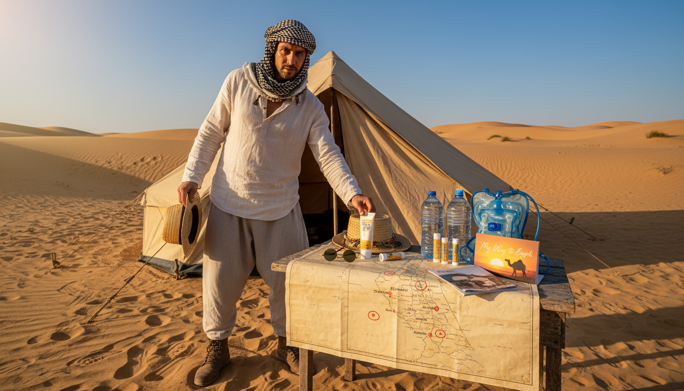 A traveler preparing for the extreme desert weather of Egypt stands at the forefront, wearing a lightweight, breathable, and modest outfit suitable for hot conditions. They are examining a selection of sun protection items, including a broad-brimmed hat, sunglasses, and sunscreen. In the middle ground, a large map of Egypt unfolds on a wooden table, showing key travel locations like the Pyramids and Oasis cities, accompanied by water bottles and hydration packs. The background showcases a stunning desert landscape, with golden dunes and a clear blue sky that reflects the harsh sun. The lighting is bright and vibrant, emphasizing the heat of the environment, while a warm, inviting atmosphere invokes excitement for adventure. The brand name "My Way to Egypt" subtly integrated into a travel brochure on the table.