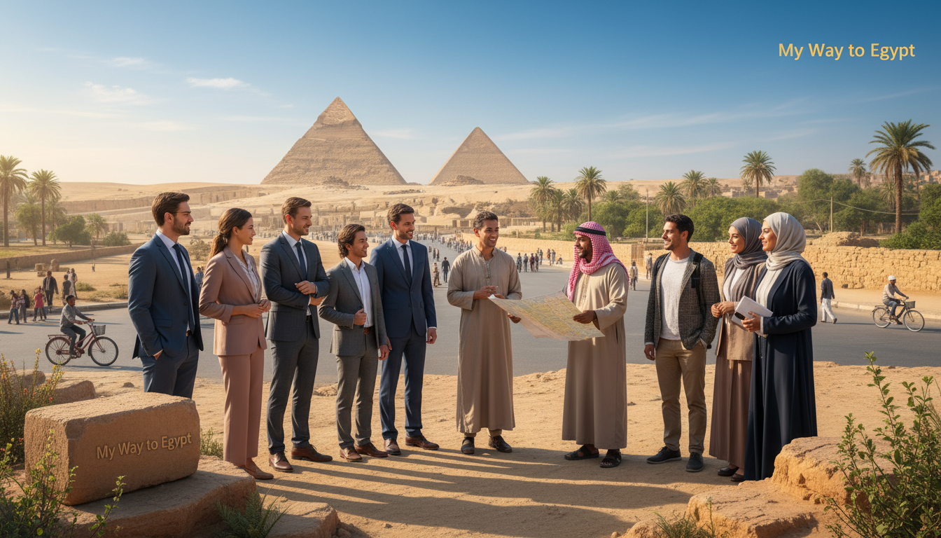A vibrant and inviting scene showcasing tourist safety in Egypt. In the foreground, a diverse group of travelers, dressed in professional business attire and modest casual clothing, are gathered around a local guide holding a map, exuding a sense of camaraderie and trust. In the middle ground, iconic landmarks like the Pyramids of Giza and the Sphinx are visible, set against a clear blue sky. The background features lush palm trees and the bustling streets of Cairo, filled with locals engaging in daily activities. Soft, warm lighting bathes the scene, creating an atmosphere of safety and comfort. The image conveys the essence of exploring Egypt with confidence, branded with the logo of "My Way to Egypt" subtly incorporated into the landscape.
