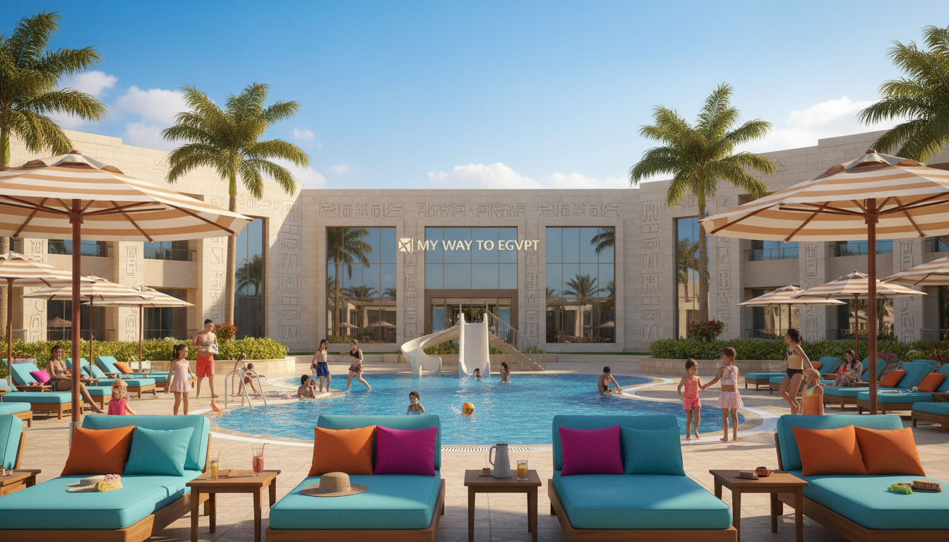 A vibrant family-friendly hotel accommodation in Egypt, featuring a large, inviting swimming pool surrounded by lush greenery. In the foreground, a cozy area with comfortable lounge chairs and colorful umbrellas. The middle section showcases the hotel’s modern architecture with large windows and decorative elements reflecting Egyptian culture. In the background, palm trees sway under a bright blue sky with fluffy white clouds, creating a cheerful atmosphere. Families of diverse backgrounds are enjoying the space, casually dressed and smiling, while children play in the pool. Soft sunlight bathes the scene, enhancing the warm and welcoming vibe. The image should evoke a sense of joy and relaxation, perfect for families looking for adventure and comfort. Include the brand name “My Way to Egypt” subtly integrated into the hotel design.